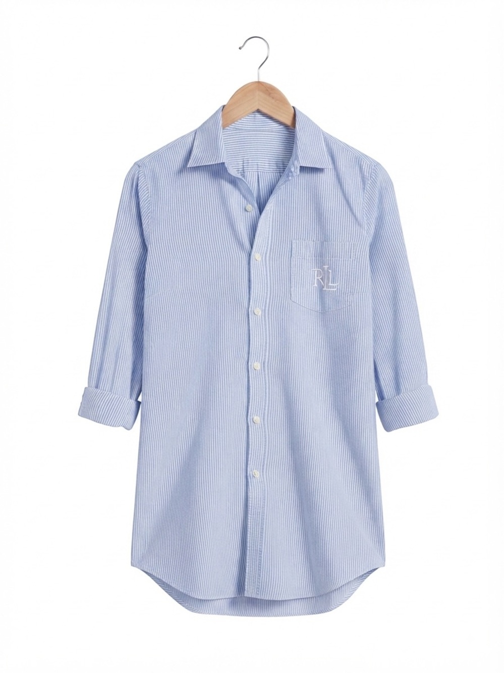 LRL Striped Preppy Old Money Monogrammed Button Down Tunic Shirt Womens LARGE